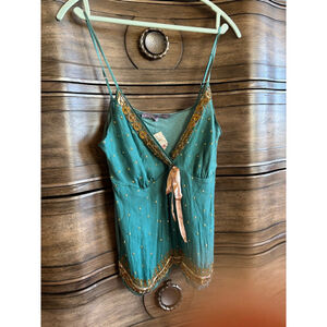 Women's Hali Bob Teal Gold Embellished Silk Cami Top Size L 
few beads missing